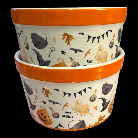 Whimsical Halloween Ramekins (2) Decorated W Bats Ghosts JackOLanterns Witch Hat - Picture 6 of 7